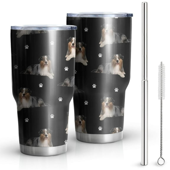 30oz Australian Shepherd Dog and Footprints Tumblers Stainless Steel Tumbler with Lid and Straw,Vacuum Insulated Double Wall Travel Tumbler Cups Mug with Cleaning Brush for Coffee,Tea