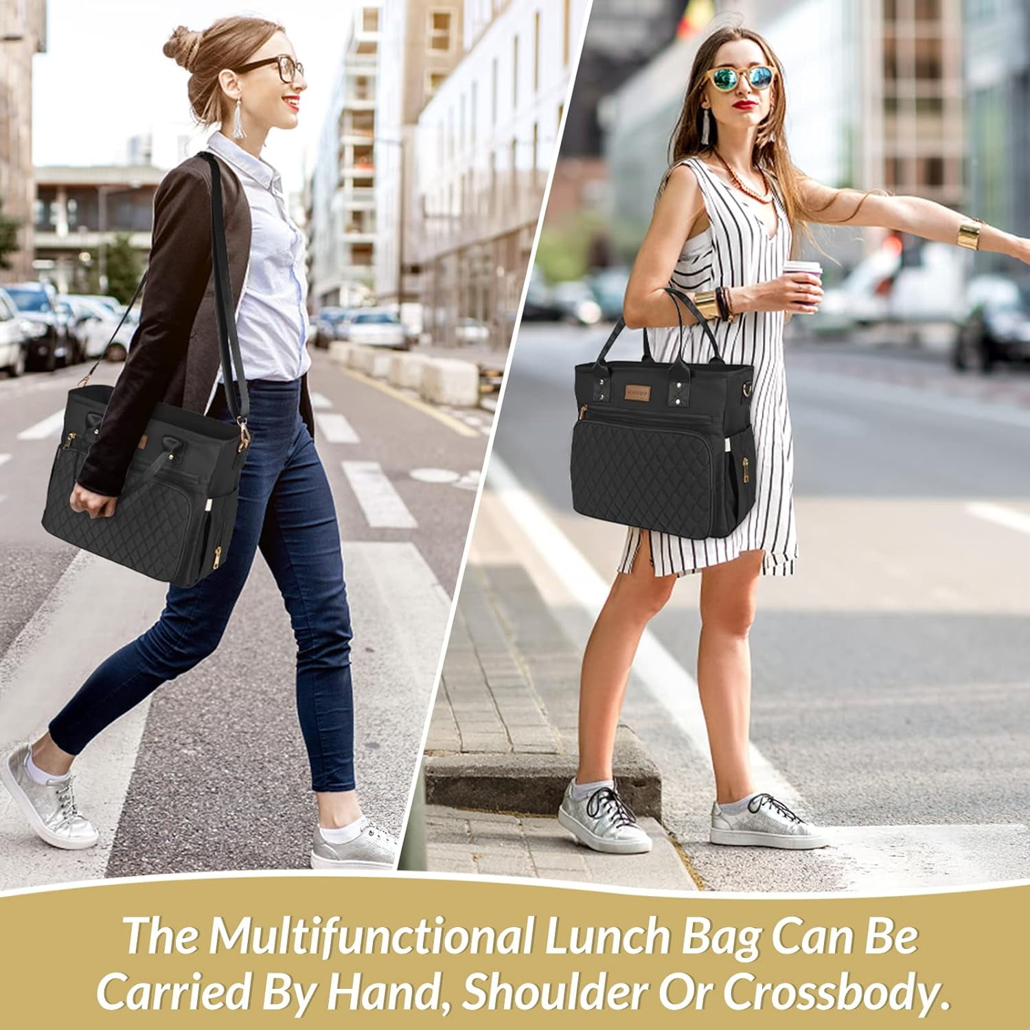 Large Women Lunch Bags for Work Insulated/Insulated Adult Lunch Box for Women/Durable Nylon Thermal Lunch Bag for Women/Leakproof Cooler Lunch Tote Bag with Storage Pocket (Black)