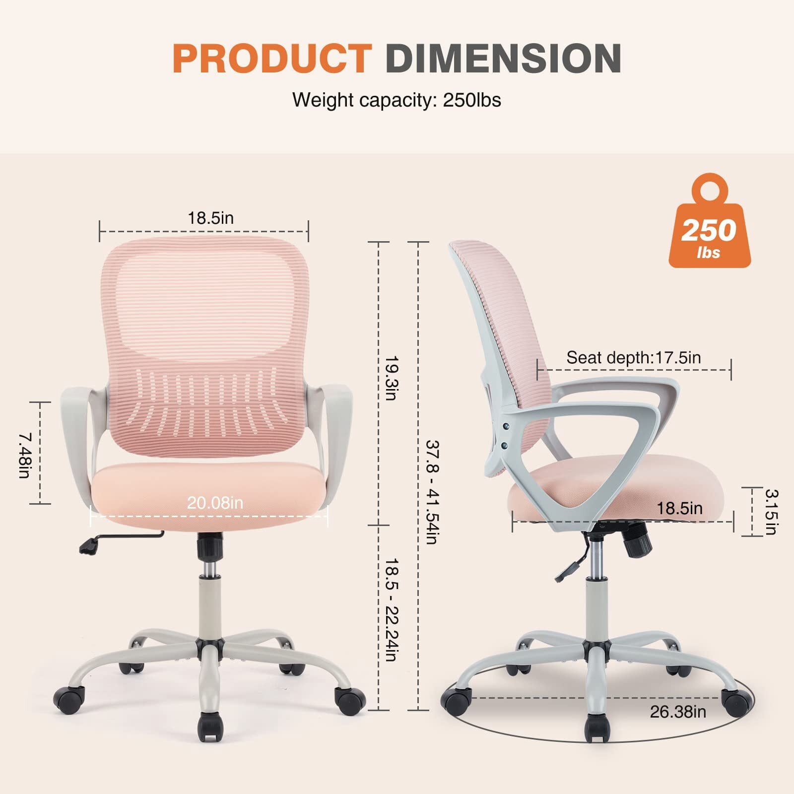 Kelno Ergonomic Mesh Office Chair Mid Back Desk Chair with Lumbar Support Adjustable Height Swivel Task Chair, Pink