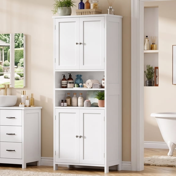 TEENFON Tall Bathroom Storage Cabinet with 4 Doors & 2 Open Compartments, Kitchen Pantry Cabinet with Adjustable Shelves, White