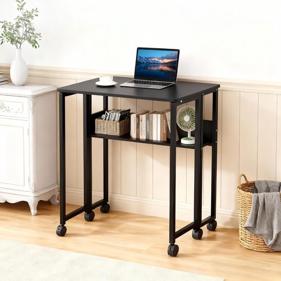 QinaQin 31.5 in Folding Table with Storage Shelf,Foldable Small Computer Desk with Wheels,Desk Table for Home Office,Black