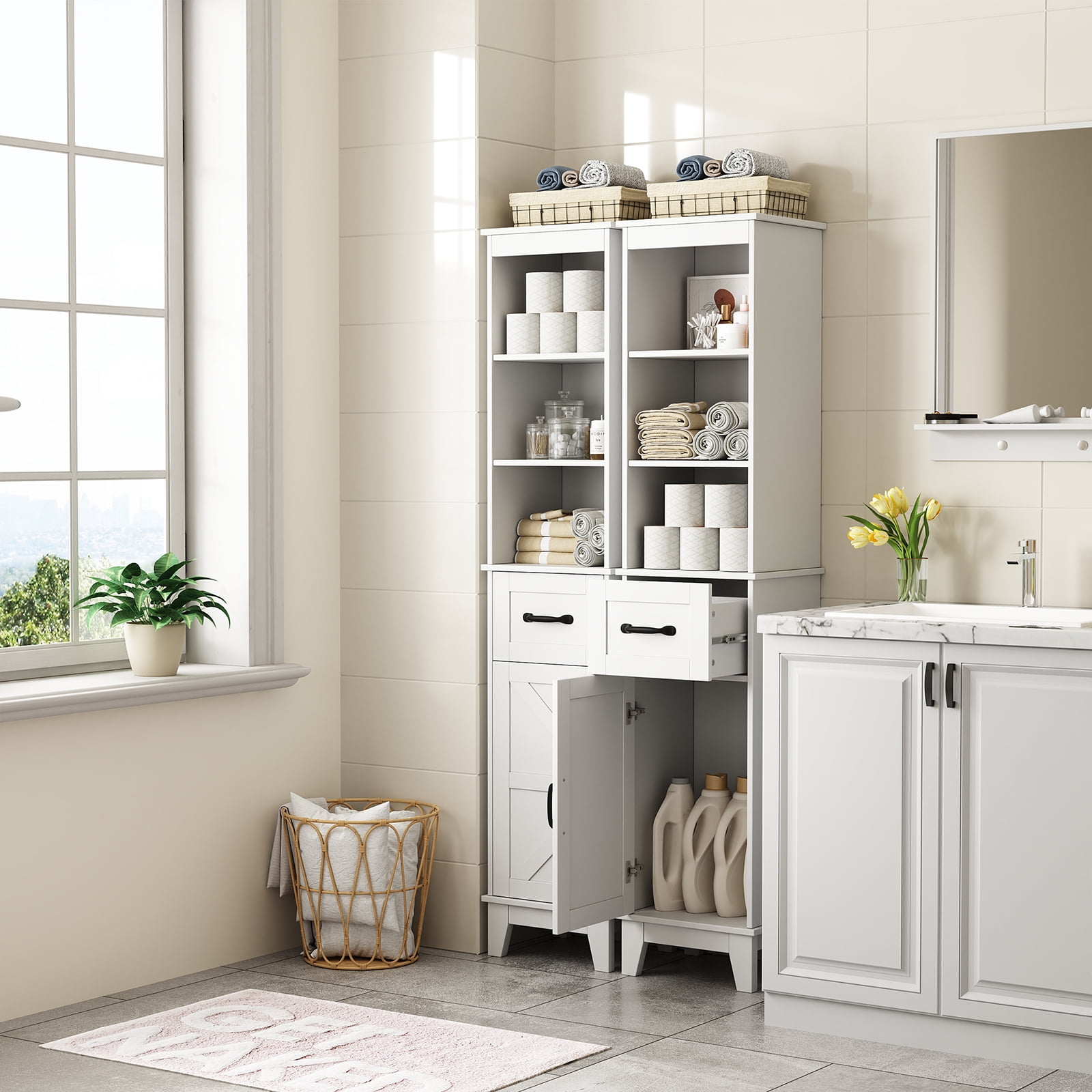 Tall Bathroom Storage Cabinet with Barn Door and Drawer, Narrow Freestanding Linen Cabinet for Bathroom, White