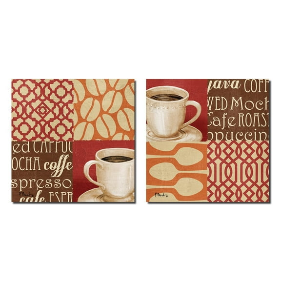 Popular Cup of Joe Vintage Coffee Quartrefoil Print Posters; Kitchen Decor, Two 12x12 Poster Prints. Brown/Red/Orange