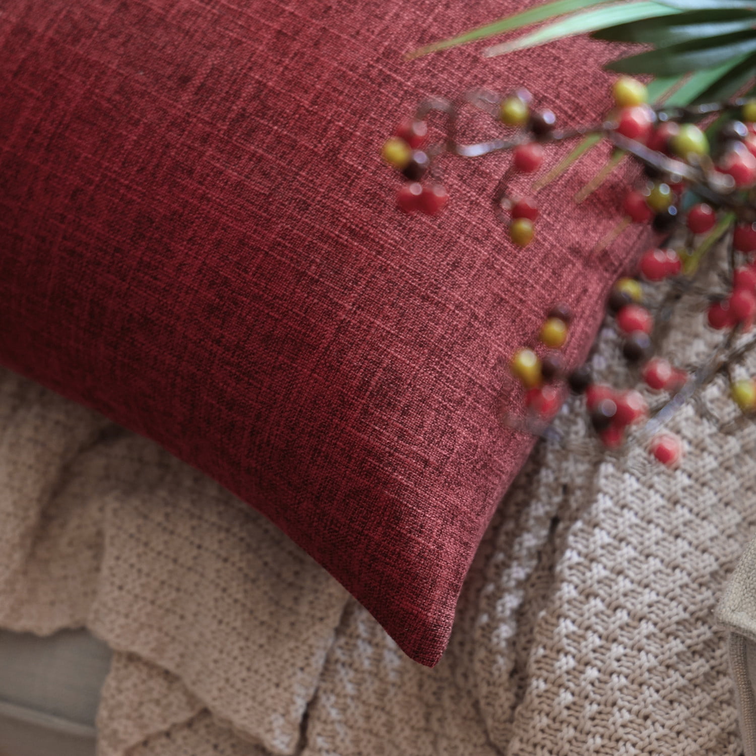 Phantoscope Textural Faux Linen Series Square Decorative Throw Pillow Cusion for Couch, 12" x 20", Rose Red, 2 Pack
