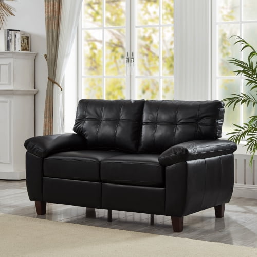 59" Faux Leather Small Loveseat Couch, 2 Seater Sofa with Storage, Comfortable Loveseat with Big Armrest for Living Room, Black