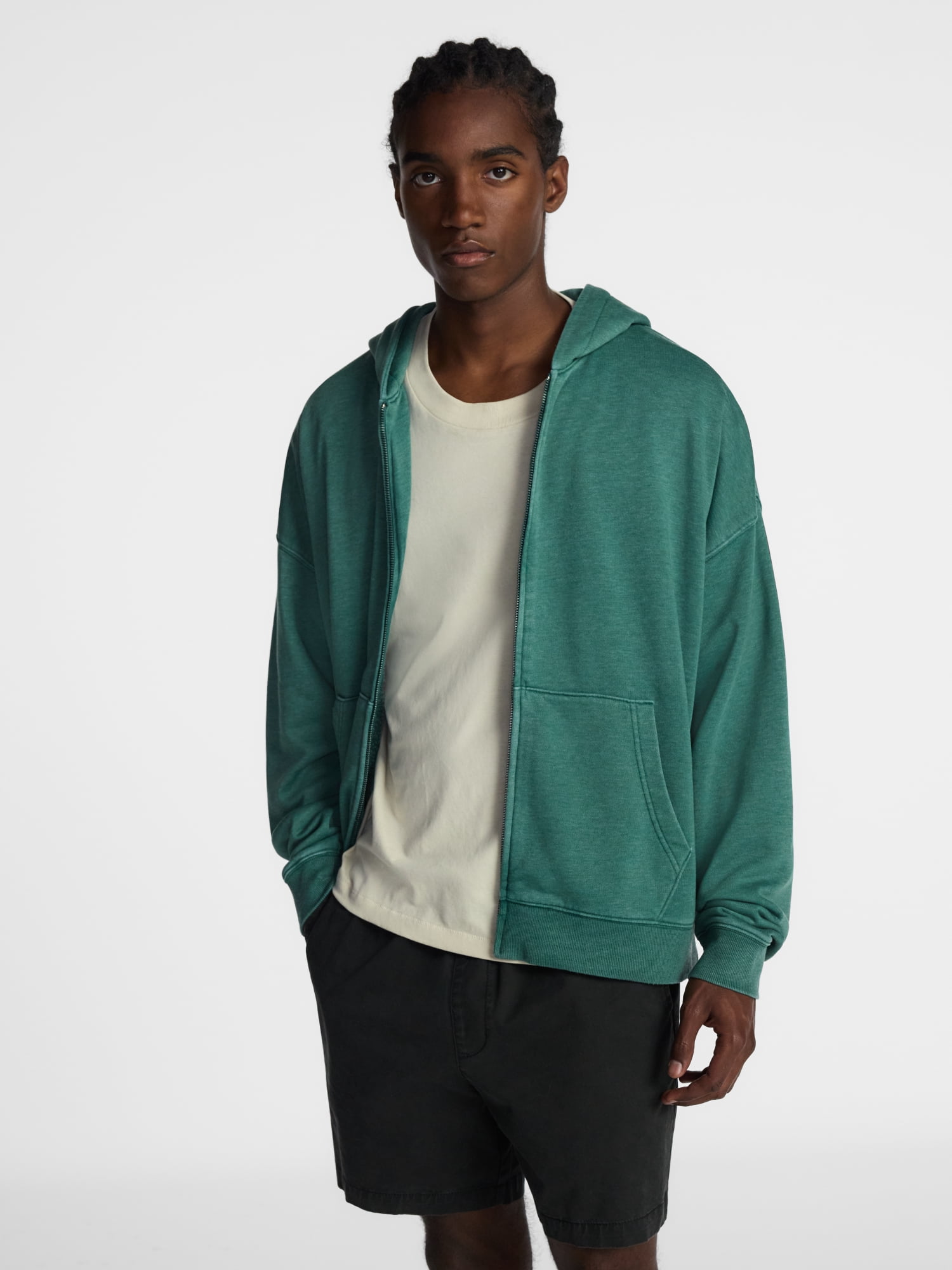 No Boundaries Boxy Oversized Fit Fleece Zip Hoodie Sweatshirt with Long Sleeves, Men's XS-4XLT