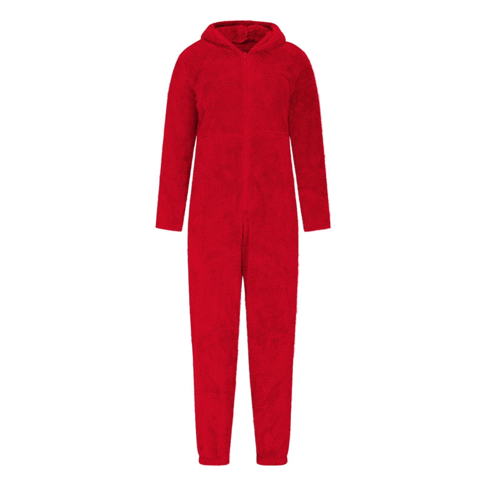 Uaswgudfs Womens Fleece Onesies Pajamas Jumpsuit Warm Romper Sleepwear One Piece Zipper Hooded Playsuit Loungewear Red 2XL
