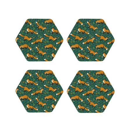

Fuzoiu Green Plants with Fox Print Leather Coasters Set Drink Coasters Set of 4 for Tabletop Protection Durable PVC Coasters Home Décor and Housewarming Gift-Hexagon