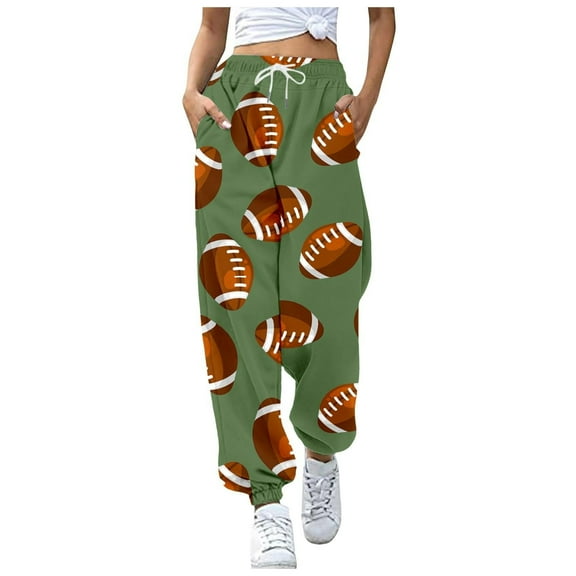 Wyobmus Casual Sweatpants for Women Comfy Loose Drawstring Straight Lounge Pants Football Print Running Workout Athletic Pants With Pockets Olive Green