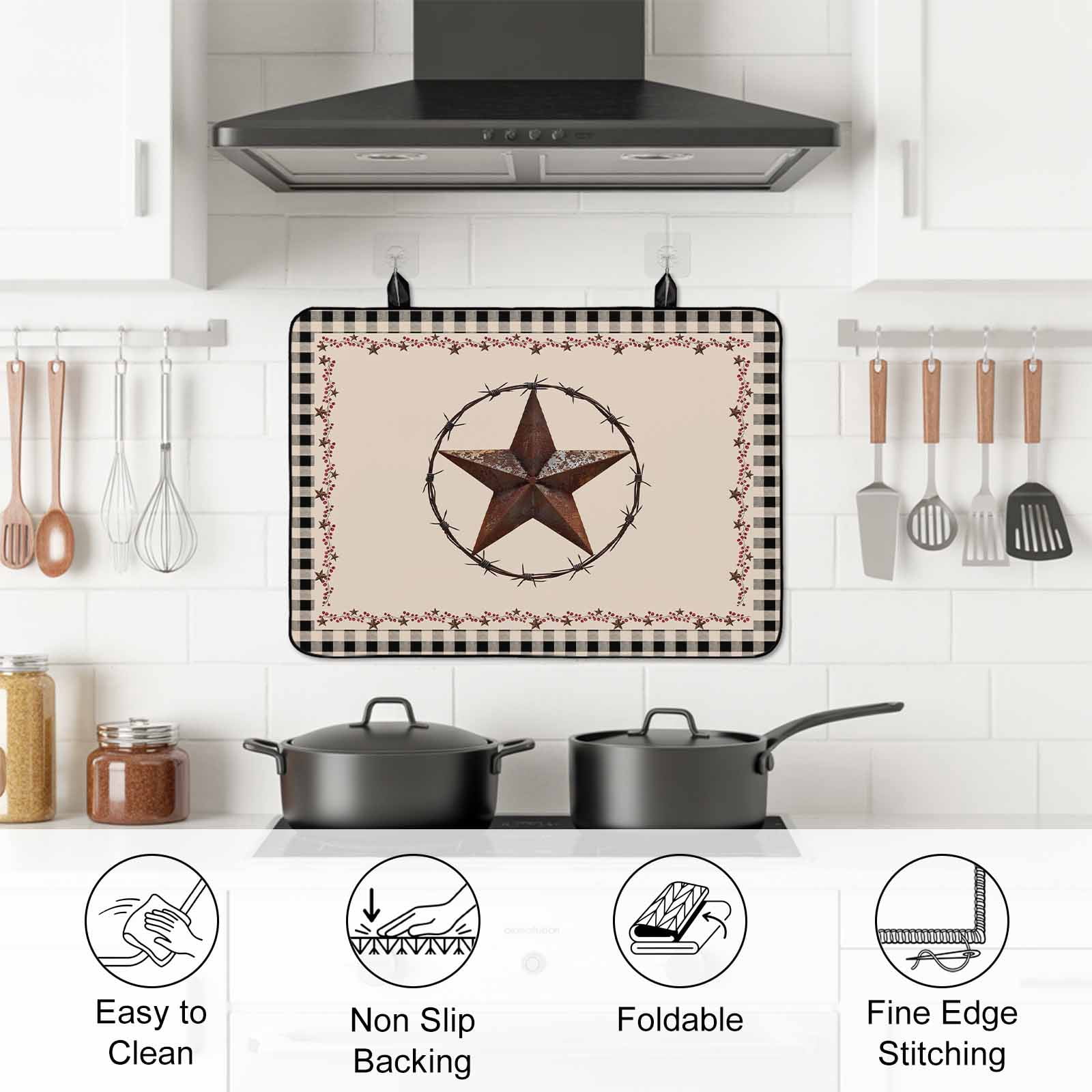 Star Country Stove Top Cover for Electric Stove, Heat-proof & Non Slip Glass Top Stove Cover Protector, Western Texas Farm Black Plaid Brown Berry Kitchen Flat Cooktop Rubber Mat 24x21 Inches