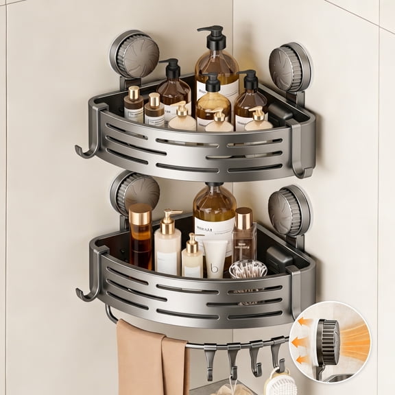 NUBILY Corner Shower Caddy Suction Cup Shower Shelf Corner No Drilling Bathroom Shower Organizer Storage Rack Adhesive with Towel Bar Hooks (2-Pack ABS, Grey)