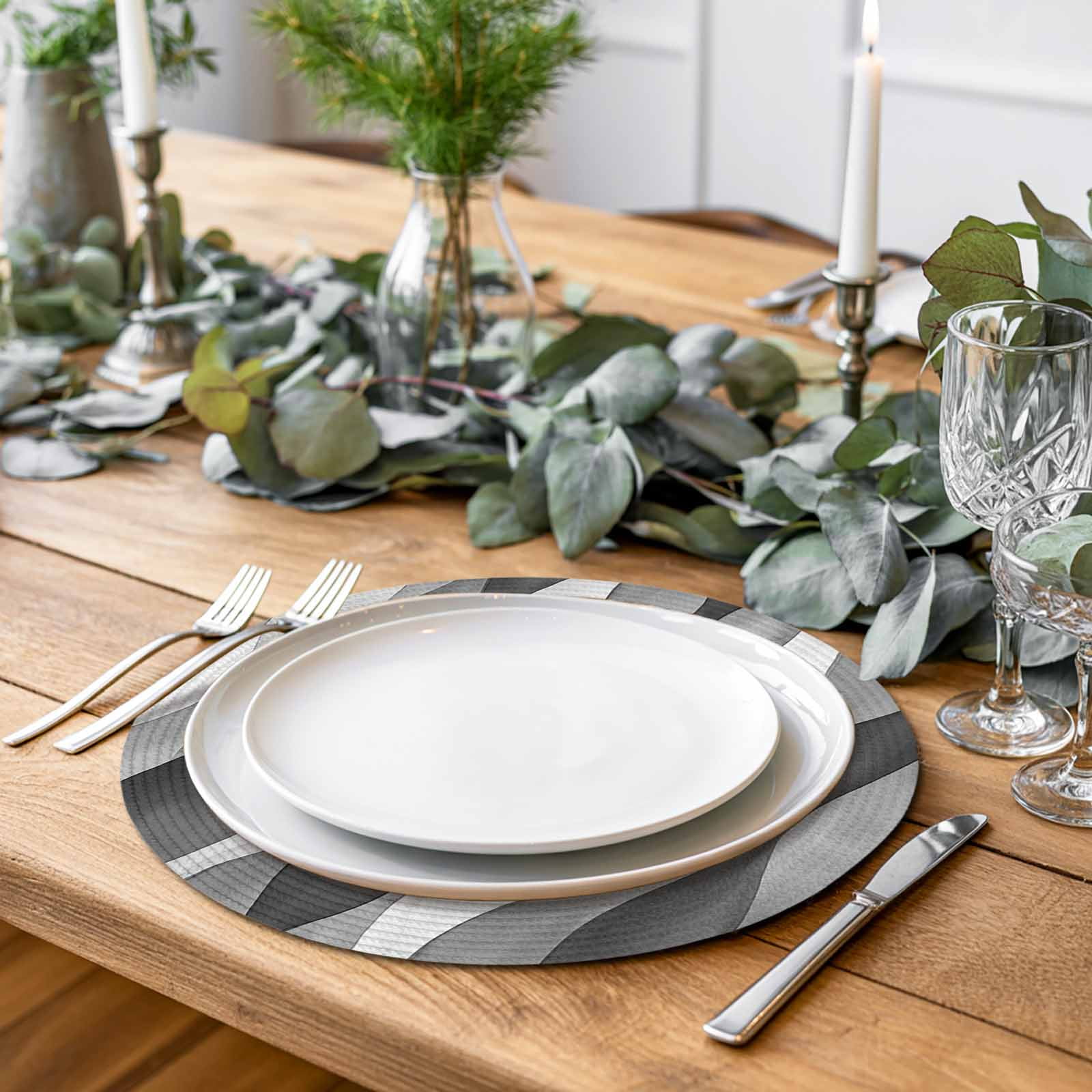 Abstract Wave Pattern Texture Round Table Placemats set of 4, Black Gray White Washable Woven Place Mats for Dining Tables Kitchen Party Decor,Heat Proof, 13in,