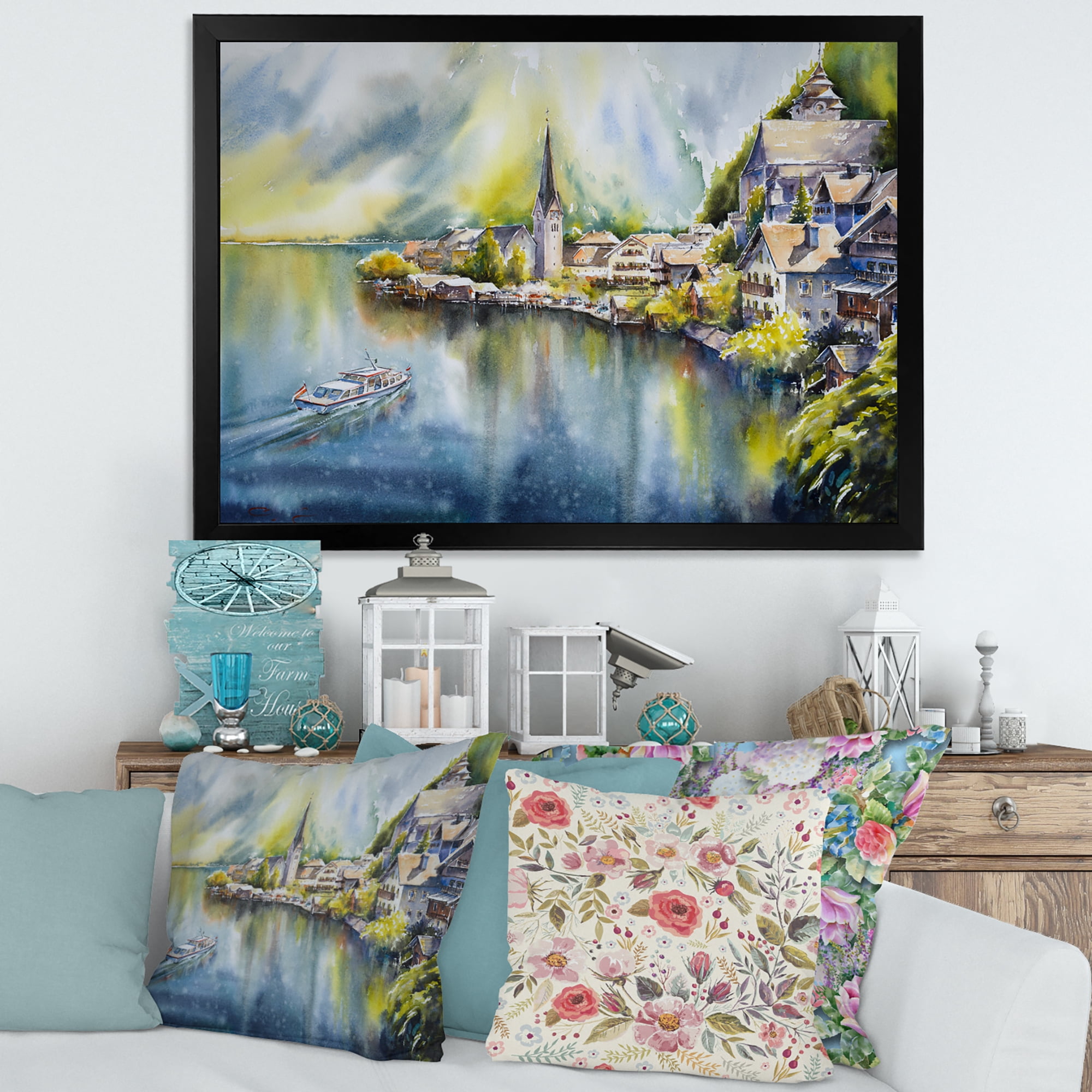Designart 'The River In Austria Through Mountain Village' Nautical & Coastal Framed Art Print