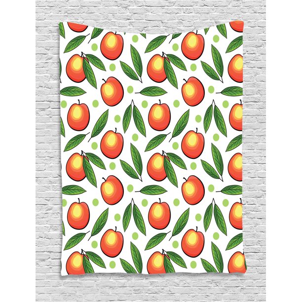 Fruits Tapestry, Repeated Peaches with Leaves and Polka Dots on Plain ...