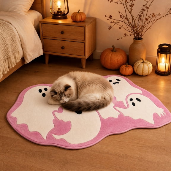 Kdkad Halloween Rug, Pink Area Rug Printed Ghost for Halloween Decorations, Cute Spooky Halloween Theme Non-slip Door Mat, Bath Mat for Living Room Entryway Bedroom, Room Decor Halloween Party Supply