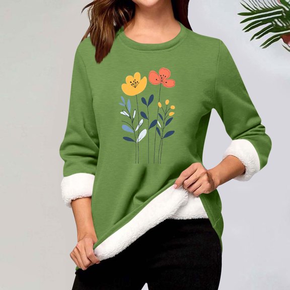 Aimik Women's Winter Fleece Lined Sweatshirt Fashion Printed Sweatshirt Warm Sherpa Lined Long Sleeve Crew Neck Pullover Sweatshirt