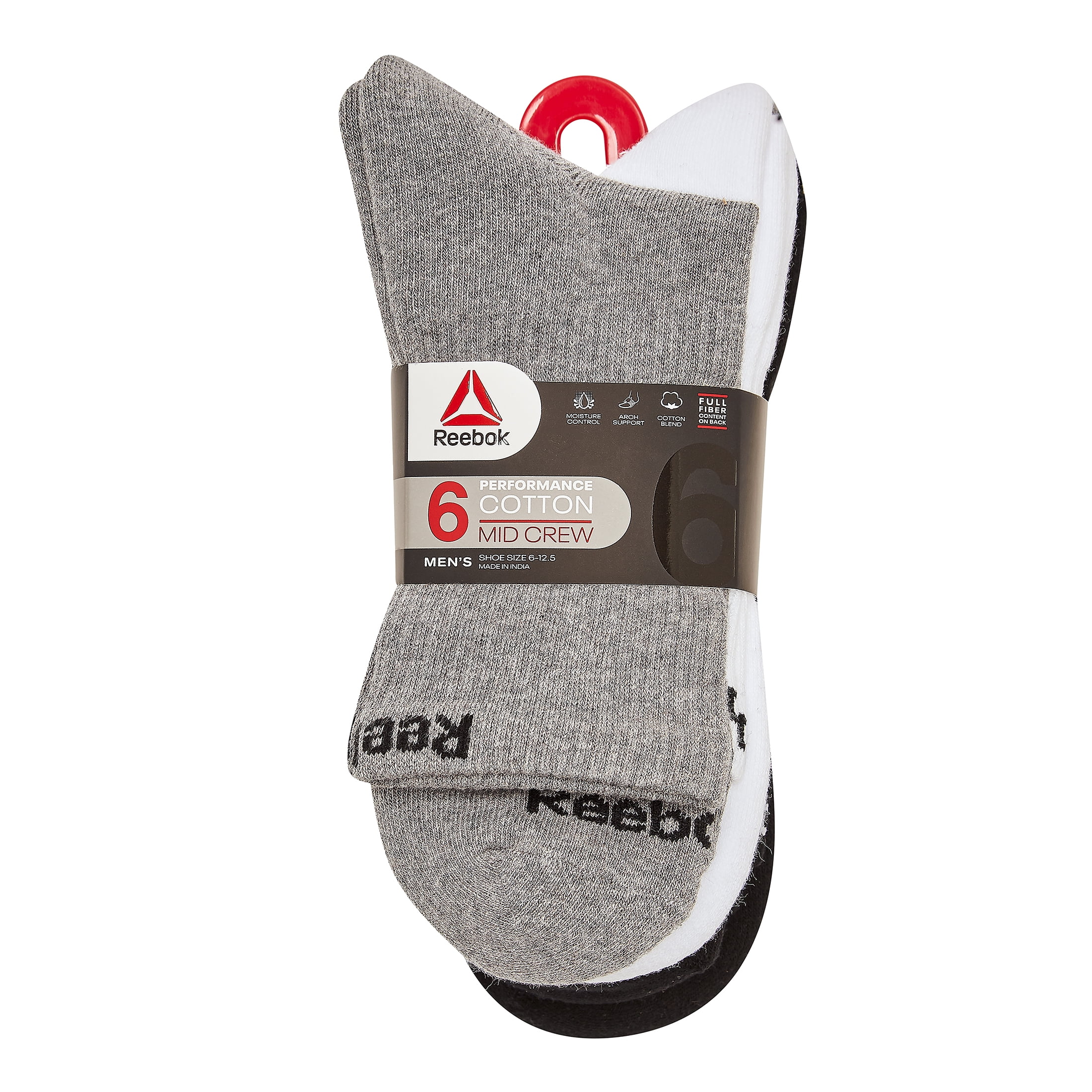 Reebok Men's Targeted Cushion Mid Crew Socks, 6-Pack