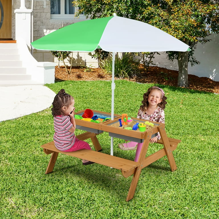 Kids Picnic Table Sandbox Table With Lid Costway 3-in-1 Kids