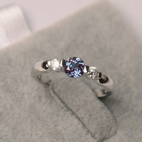 Alexandrite ring 3 stone round cut ring sterling silver ring for women