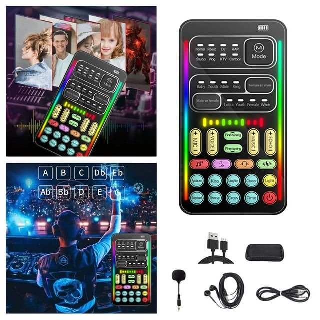 ERK Voice Changer Voice Modulator I9 Voice Changer Set Multifunction Portable Mini Sound Card Mini Different Live Broadcast Voice Changer For Game Computer