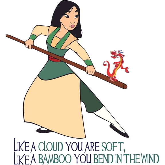 Like A Cloud You Are Soft Like A Bamboo You Bend In The Wind | Vinyl Adhesive Hua Mulan & Mushu The Dragon Design Wall Decal - 20" x 21" Removable Kids Bedroom Female Warrior Wall Sticker Decoration