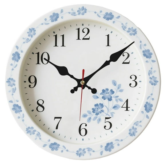 Charming Blue Delft-Style Silent Wall Clock - Vintage Round Wooden Decorative Clock with Easy-Read Numbers, Perfect for Living Room & Home Decor - Battery Operated (AA Not Included)