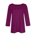 thumbnail image 4 of DENGDENG T-Shirts pour Femmes à Manches Trois Quarts, Manches au Coude, Col Rond, T-Shirts de Printemps Décontractés d'Été, Chemises Amples à Manches Trois Quarts, Blouses Tendance avec Poche, Violet Foncé, S, 4 of 9
