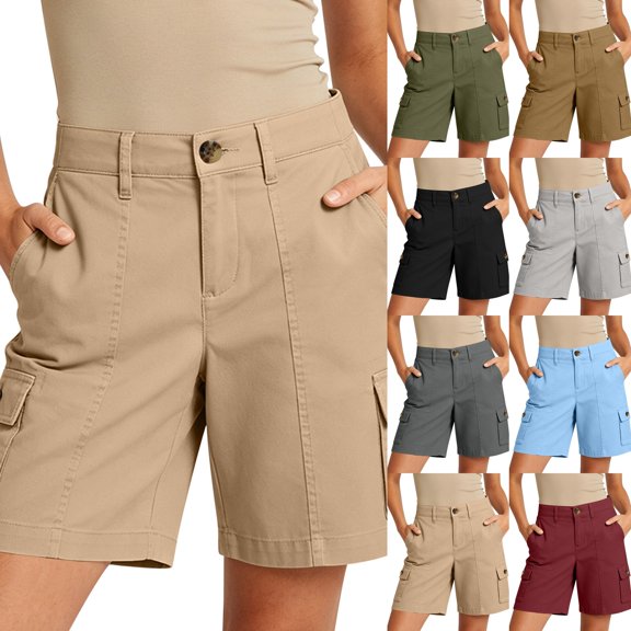Women Stretchy Cargo Shorts High Waisted Shorts for Women Knee Length Summer Casual Shorts Khaki XXL