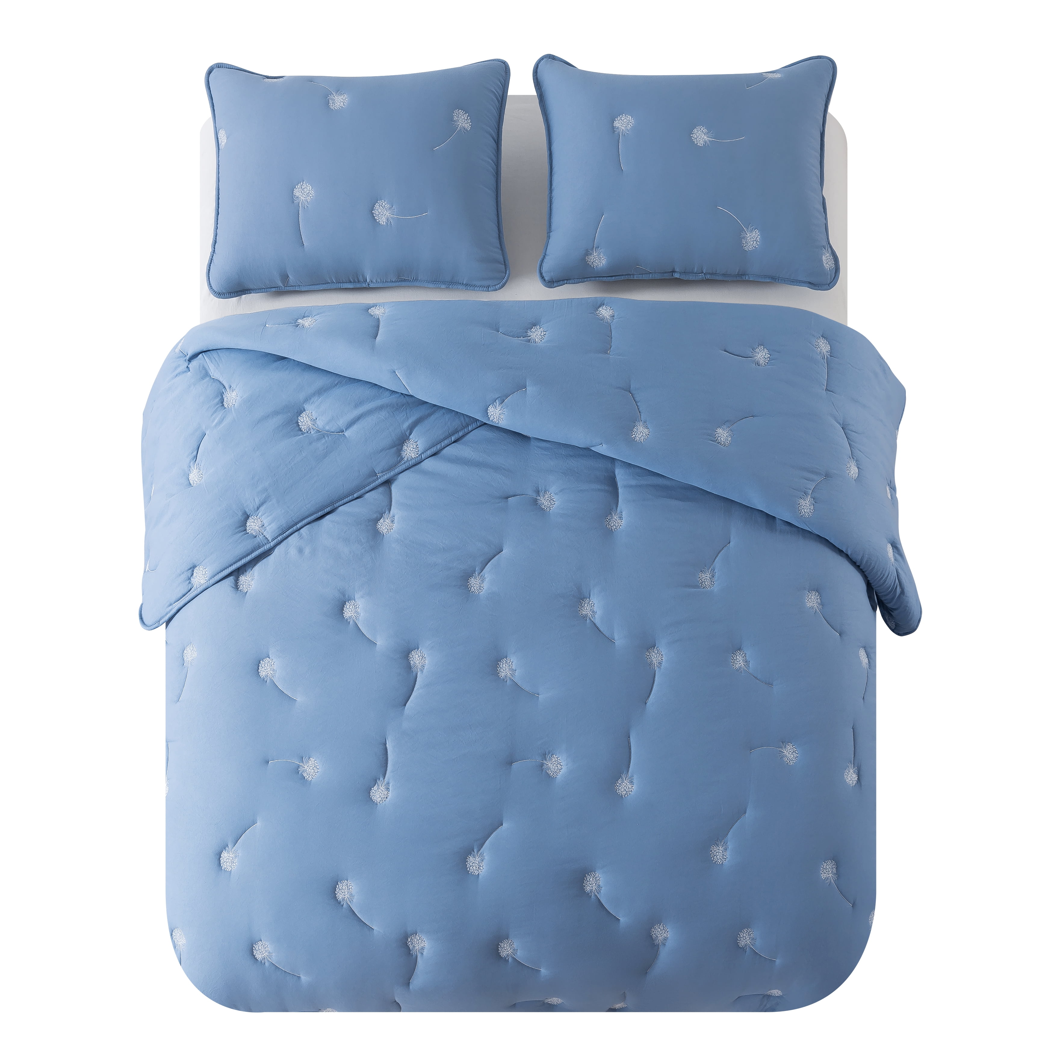 NSH by New Sega Home, 3-Piece Comforter Set, Embroidered Dandelion, Blue, Bed in a Bag, Full/Queen