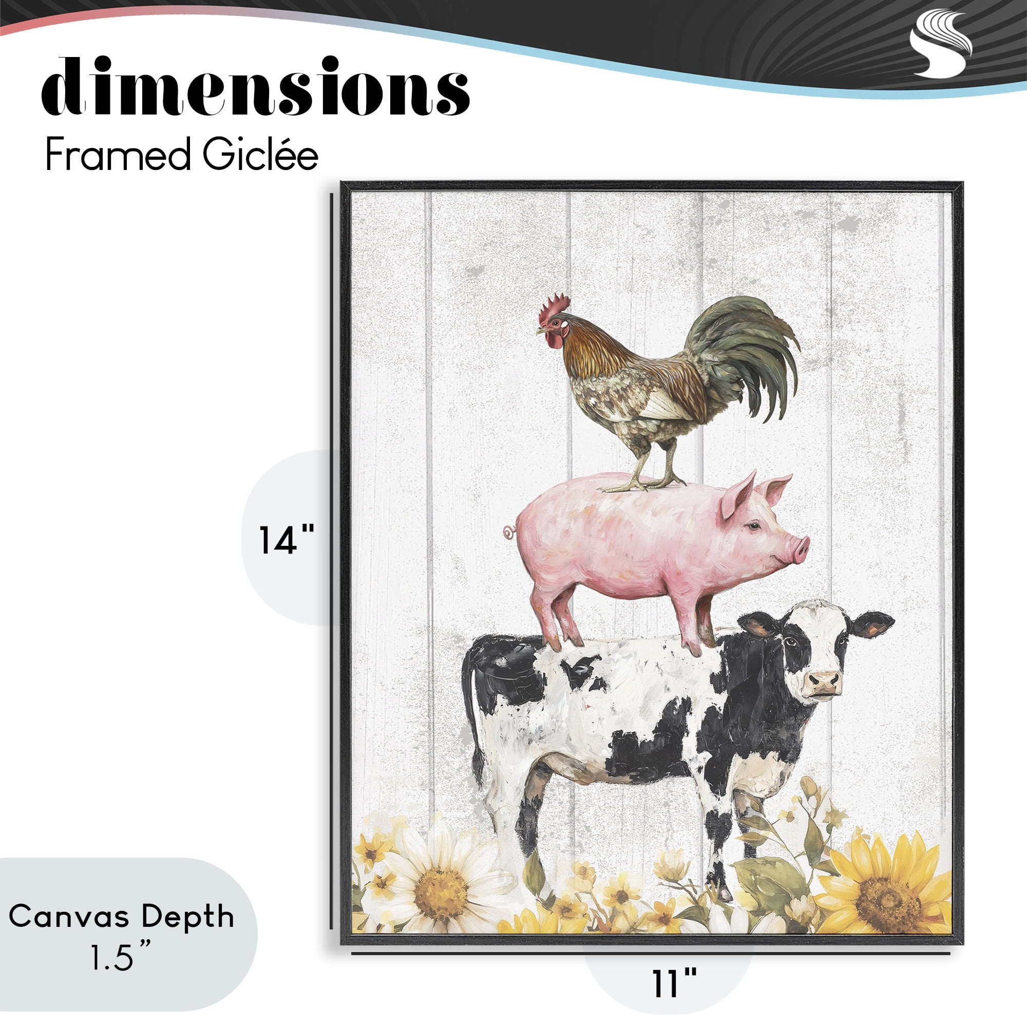 Stupell Industries Farm Animal Stack and Sunflowers Black Framed Giclee Art, design by Christine Simpson Art
