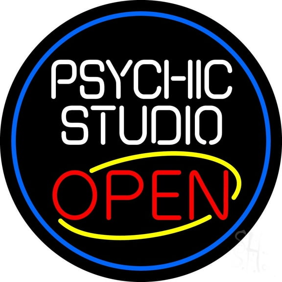 Psychic Studio Red Open Blue Border LED Neon Sign 18 X 18 - inches Black Square Cut Acrylic Backing, with Dimmer - Bright and Premium built indoor LED Neon Sign for Storefront.