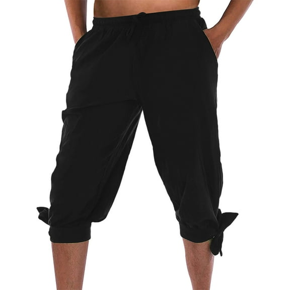 YMNXA Men's Casual Pants Drawstring Elastic Waist Solid Color Straight Leg Breathable Lightweight Knee Length Trousers With Pockets For Daily Wear,Black,L