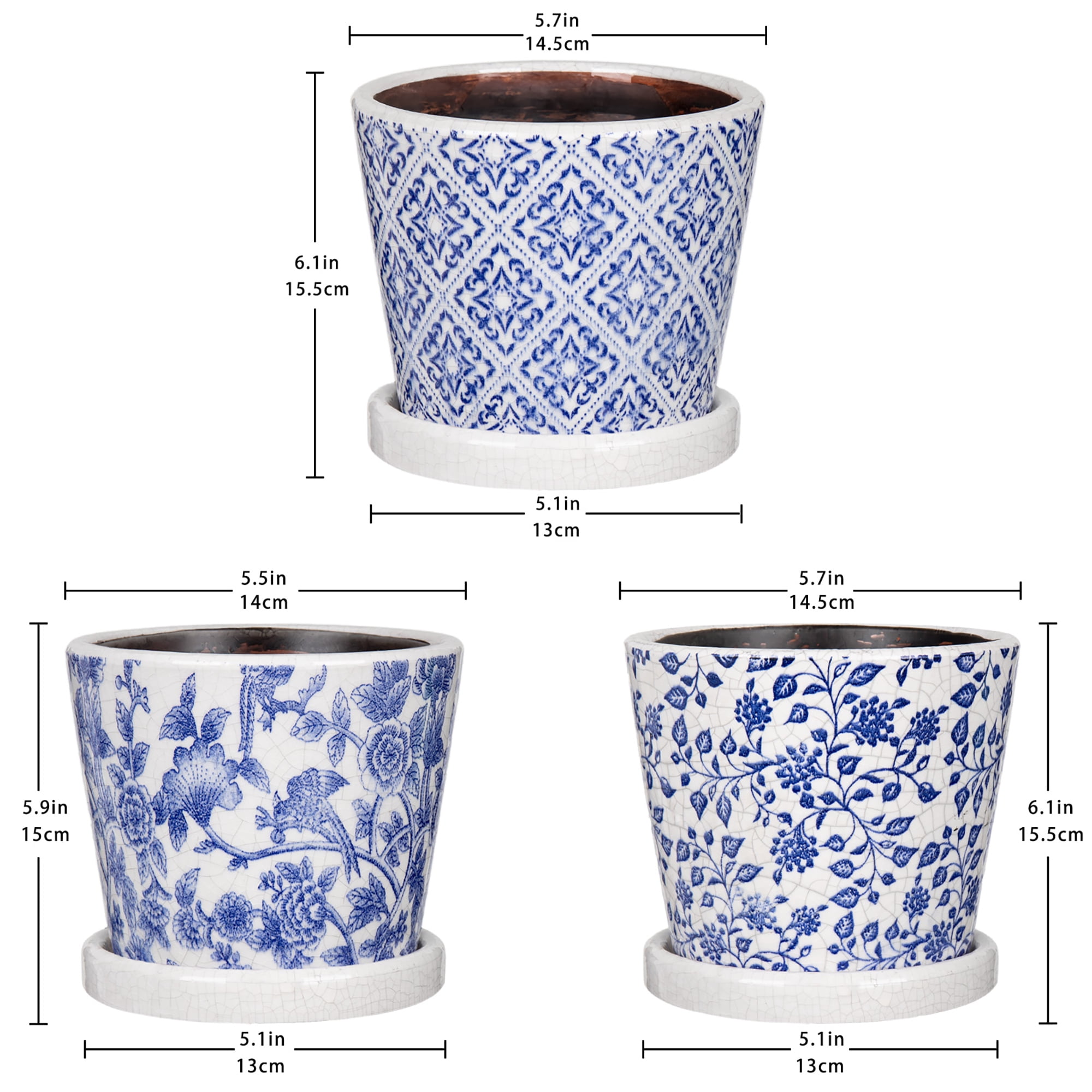 Set of 3 Decorative Plant Pots Blue and White Flower Pot, Round Ceramic Planters for Indoor Plants Pots with Drainage Hole Saucers, Retro Planter Pot for Succulents Cactus Outdoor Garden, 5.5/5.7 Inch