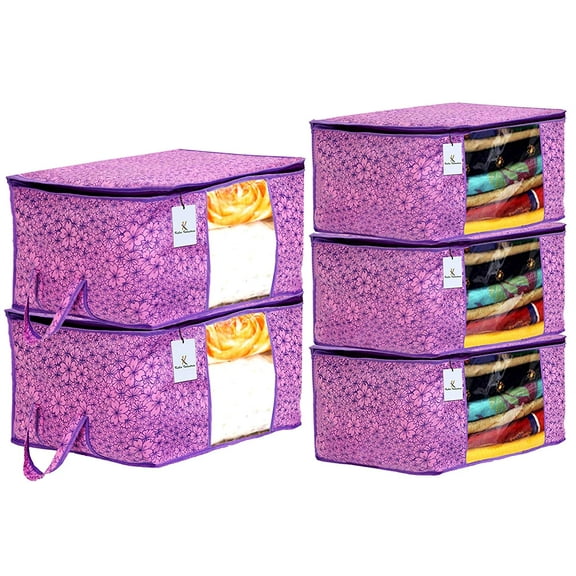 Kuber Industries Metallic Printed Non Woven 3 Pieces Saree Cover and 2 Pieces Underbed Storage Bag