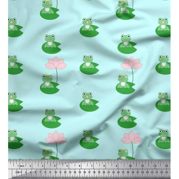 Soimoi Rayon Fabric Lotus & Frog Kids Print Fabric by Yard 56 Inch Wide