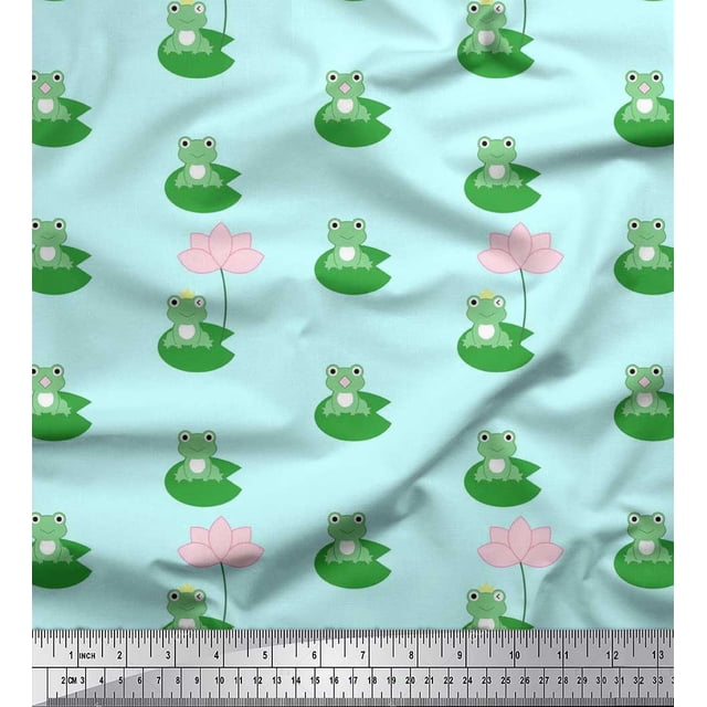 Soimoi Velvet Fabric Lotus & Frog Kids Print Fabric by Yard 58 Inch Wide