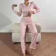 thumbnail image 4 of ZHENHONG Pajamas for Women, 2 Piece Long Sleeve Button Front V Neck Floral Print Lettuce Trim Pajama Set, Women's Sleepwear Pink, 4 of 7