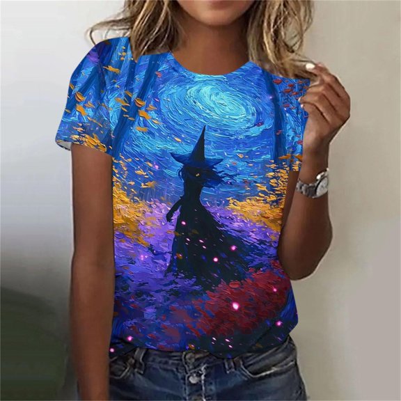 Dolkfu Crew Neck Comfort Colors Tshirt Halloween Multicolor Short Sleeve T-Shirts Relaxed Fit Artistic Abstract Graphic Prints Tops Multicolor,L