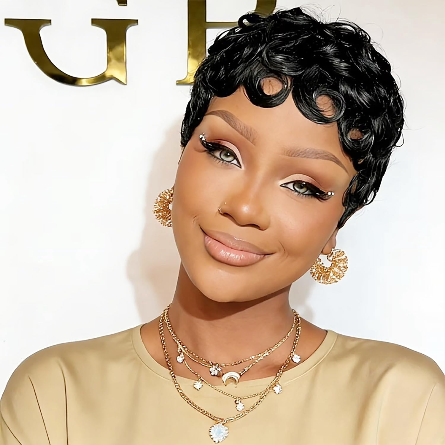 No Glue Pixie Cut Wigs for Black Women Brazilian Curly Human Hair Glueless Short Layered Wigs With Bangs Natural Black Daily Wig