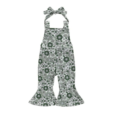 

Canrulo Summer Lovely Baby Girls Jumpsuits Pants Sleeveless Lace Up Flowers Print Bandage Flare Trouser Green 12-18 Months