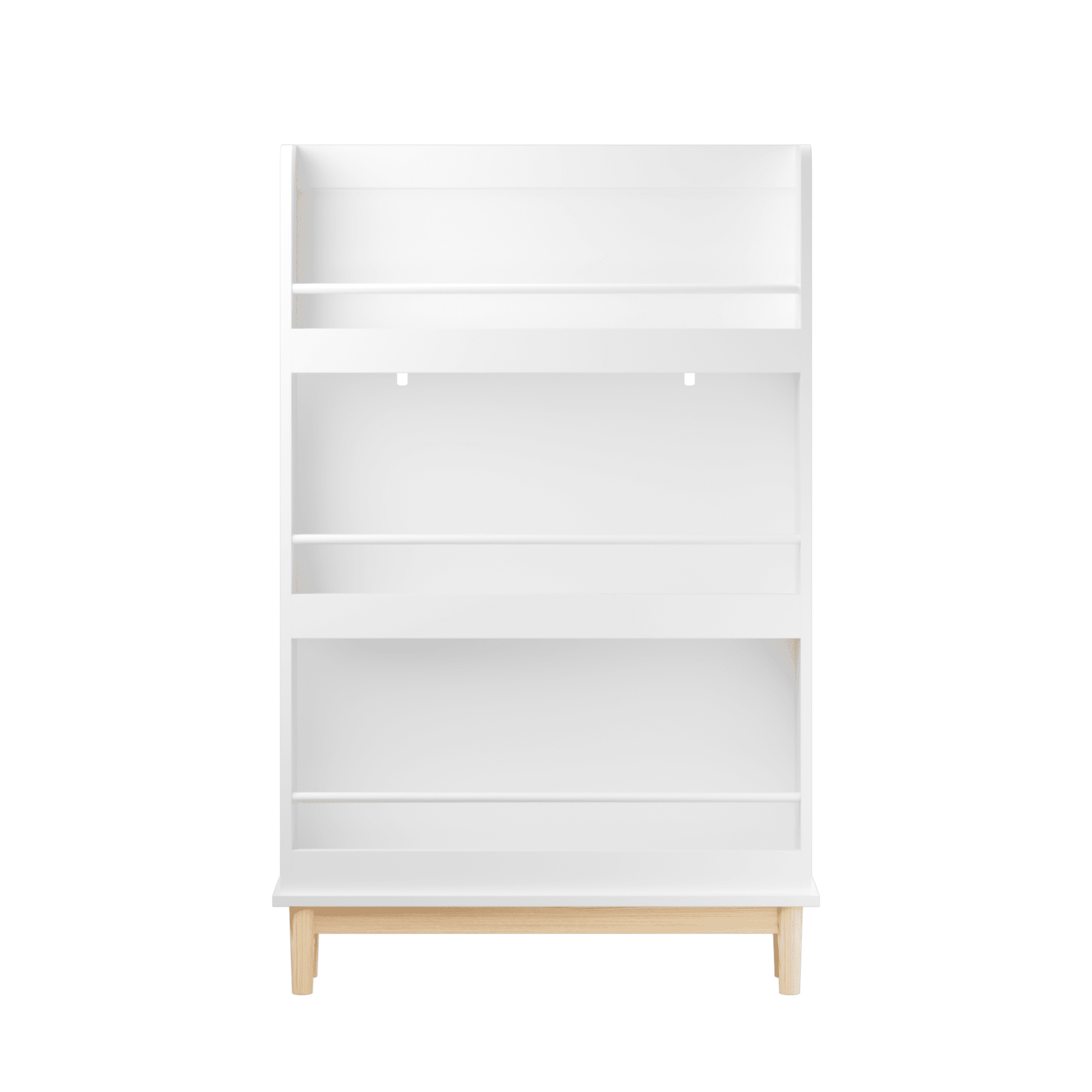 Wall-Mounted Kids Bookshelf with 3 Front-Facing Display Shelves, Modern White Book Rack with Natural Wood Base for Toddler Bedroom, Nursery or Playroom