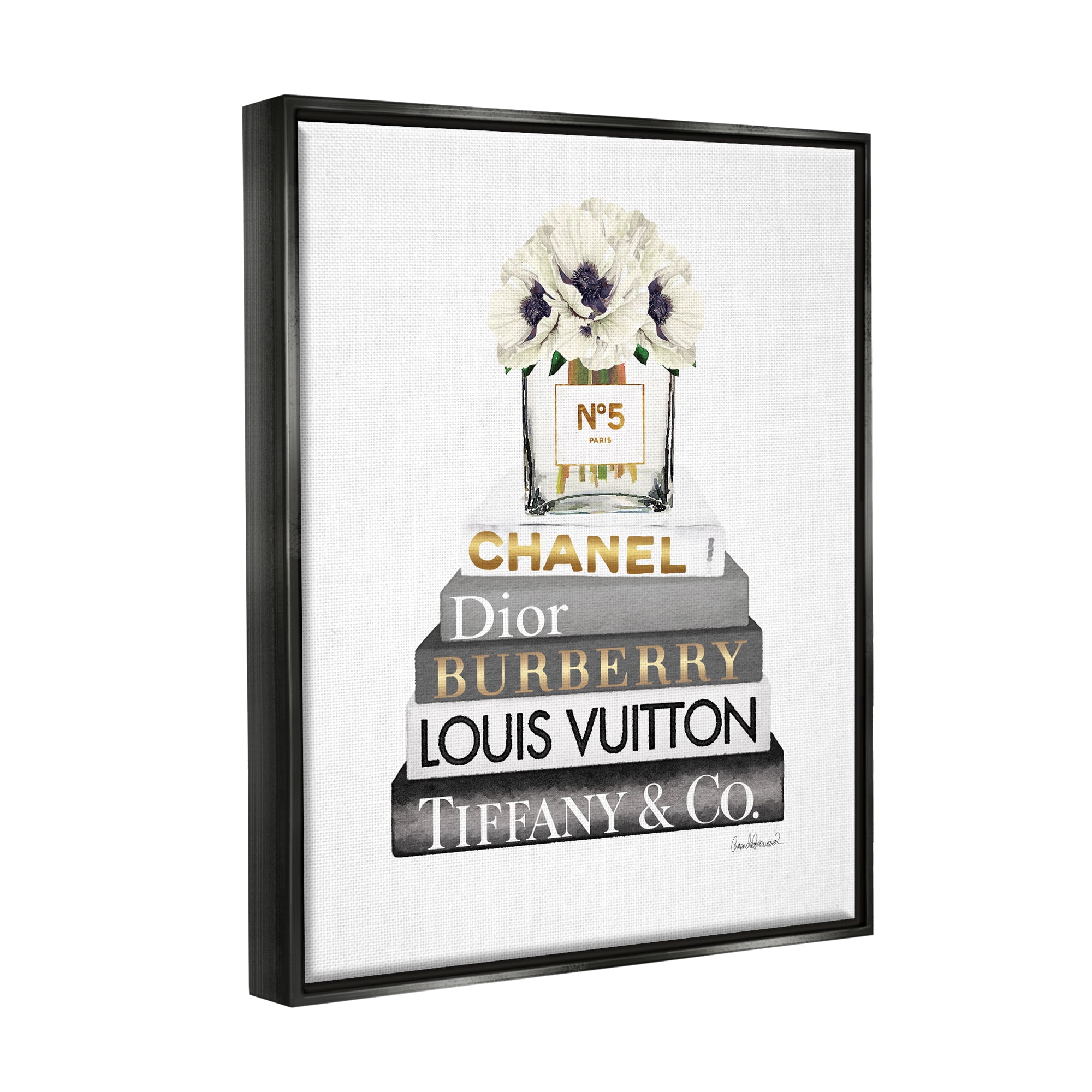 Stupell Industries Blooming White Floral Display on Glam Designer Bookstack Jet Black Framed Floating Canvas Wall Art, 24x30, by Amanda Greenwood