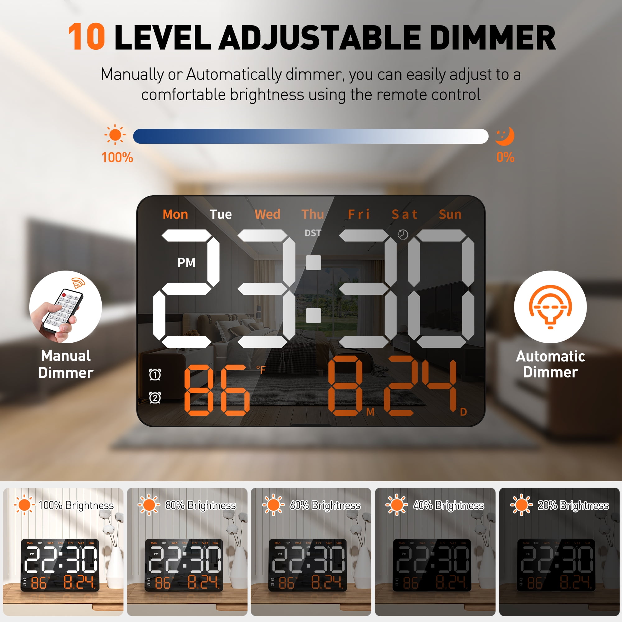 Digital Clock,11.5" Large LED Display Digital Wall Clock, Brightness Adjustable,with Day and Date,Indoor Temperature, Snooze,12/24 H,for Home,Office,Living Room