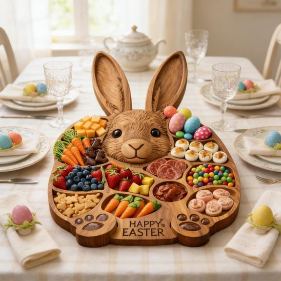 2026 Easter Bunny Wooden Charcuterie Board, Bunny Shaped Wooden Serving Tray with Compartments, Farmhouse Easter Snack & Cheese Platter, Reusable Kitchen Decor and Gift 1PC