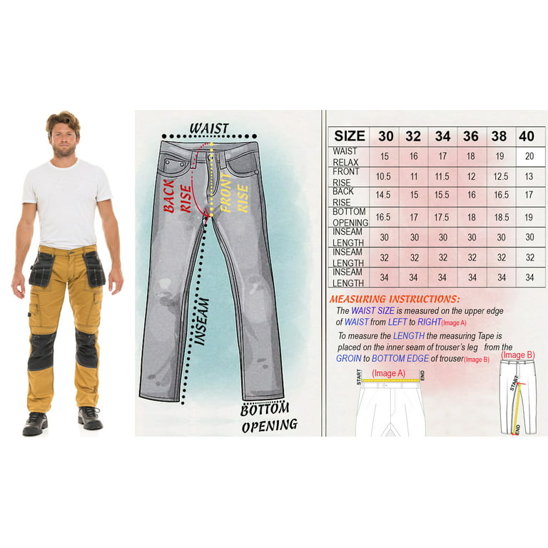 Mens Construction Pants Utility Work Heavy Duty Workwear Trousers Carpenter  Knee Reinforcement Cordura Safety Pants Khaki W40-L34