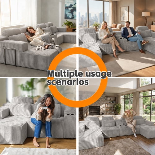 145.7 Inch Oversized U-Shaped Modular Sectional Sofa with Lounge Chaise, Cup Holders & Hidden Storage - Compression Sofa for Home Theater & Luxury Living Room, Gray
