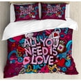 thumbnail image 1 of All You Need Is Love Duvet Cover Set King Size, Cartoon Styled Colorful Illustration with Various Doodle Elements, Decorative 3 Piece Bedding Set with 2 Pillow Shams, Multicolor, by Ambesonne, 1 of 3