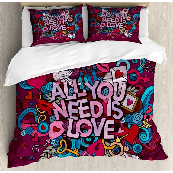 All You Need Is Love Duvet Cover Set King Size, Cartoon Styled Colorful Illustration with Various Doodle Elements, Decorative 3 Piece Bedding Set with 2 Pillow Shams, Multicolor, by Ambesonne