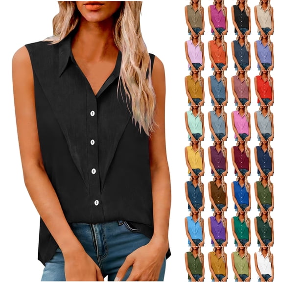 Otntypg Cotton Linen Shirts for Women Sleeveless Collared Tank Tops Oversized Button Up Tunic Blouses Trendy Solid Color Work Shirts Casual Summer Beach Vacation Tshirt Purple XXXL