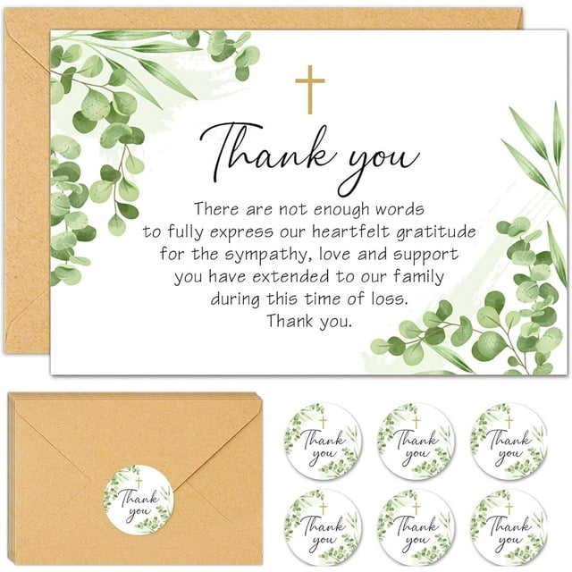xianyou-50Pcs Funeral Sympathy Thank You Cards with Envelopes and Matching Seal Stickers, Green Leaf Cross Bereavement Card with Message for Memorial Service Loved Ones Celebration of Life